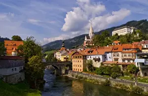 Images Dated 29th October 2020: Old historical old town of Murau Austria downtown and churches and Mur River