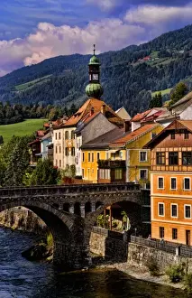Old historical old town of Murau Austria downtown and churches and Mur River