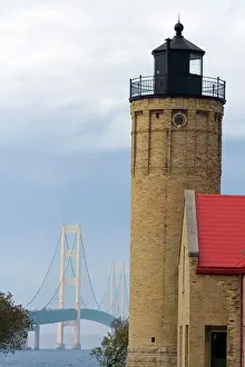 Lookout Prints: The Old Mackinac Point Lighthouse and the Mackinac Bridge at Mackinaw City, Michigan