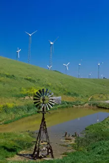Old and new windmills near Stockton, California. windmills, old, new, energy