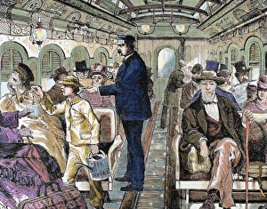 Railroad Prints: Old railroad car. Inside view with passengers