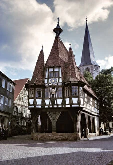 The Old Town Hall and Pfarrkirche Steeple are landmarks in Michelstadt in Hessen, Germany