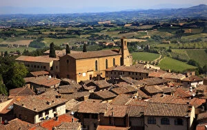 Old Tuscan Town Church Red Brick Roofs Countryside Vineyards San Gimignano Tuscany Italy
