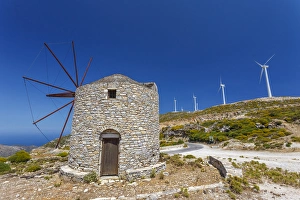 Modern Prints: Old windmill and modern wind turbines. Naxos Island, Greece