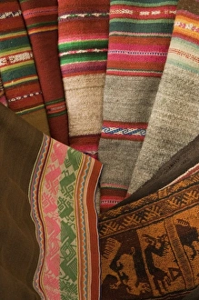 Images Dated 23rd May 2005: Old woven textile on display in shop, Lima, Peru