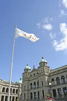 Olympics Prints: Olympic flag at Parliament Building Victoria British Columbia