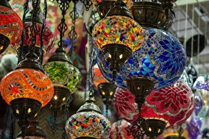 Glass Prints: Oman, capital city of Muscat, Muttrah Souk. Typical colorful glass lamps on display