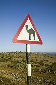 Oman, Dhofar Region, Salalah. Camel Crossing Sign in the Dhofar Mountains / Morning