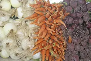 Ripe Prints: Onions carrots beets at farmers market in South Haven Michigan