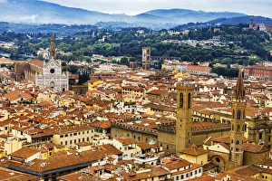 Florence Prints: Orange roofs, Badia Florentina Abbey, Santa Croce Church cityscape, Florence, Italy