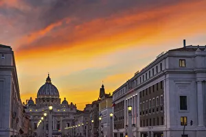 Rome Prints: Orange sunset and illuminated streetlights. Via della Conciliazione