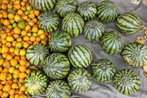 Watermelon Prints: Oranges and watermelons for sale at market, Yuanyang, China