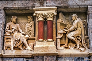 Carving Prints: Organist statues on facade of Guildhall Building