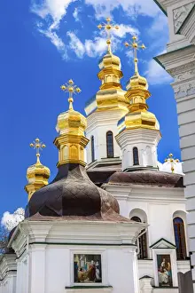Kiev Prints: Ornate Crosses Gold Domes Church Birth Blessed Virgin Holy Assumption Pechrsk Lavra Cathedral Kiev Ukraine