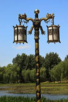 China Gallery: Ornate Golden Dragon Lamp Post Yuanming Yuan Old Summer Palace Willows Beijing China