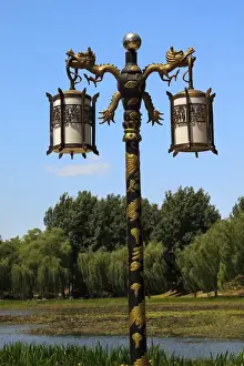 Golden Prints: Ornate Golden Dragon Lamp Post Yuanming Yuan Old Summer Palace Willows Beijing China