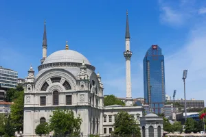 Istanbul Prints: Ortakoy Mosque and high rise. Golden Horn, Istanbul, Turkey