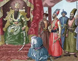 Istanbul Prints: Ottoman Empire. Sultan welcoming the Council members in the courtroom Topkapi Palace