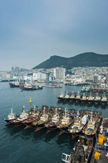 Korean Prints: Overlook over the harbour and fishing fleet of Busan, South Korea