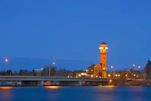 Overlooking the city of Great Falls, Montana at dusk looking across the Missouri
