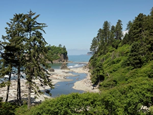 Prints of Overview of Ruby Beach, Olympic Peninsula, Washington State. Freshwater stream runs down to the sea. Driftwood. Sea stack Images Dated 2024 September: Overview of Ruby Beach, Olympic Peninsula