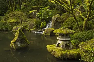 Moss Covered Prints: Pagoda; Rocks; moss covered; Lower Pond; Portland Japanese Garden; Portland; Oregon; USA