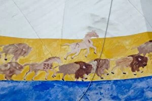 Images Dated 23rd August 2006: Painted buffalo herd and horses decorate a Lakota Sioux tepee