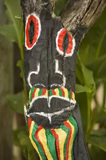 Painted face on driftwood, Placencia, Stann Creek District, Belize, Central America