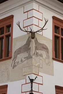 Painting and curving of an Elk in the old medieval city os Sighisoara. The notorious Vlad Tepes