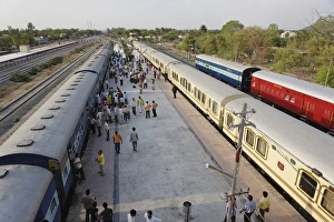 Udaipur Prints: Palace on Wheels train parked at train station, Udaipur, India