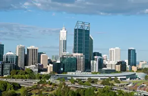 Skyline Prints: Panoramic of city with beautiful skyline of Perth from above at Kings Park in Western
