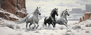 Ai Generated Prints: Panoramic of horses running on desert snow. (AI Generated)