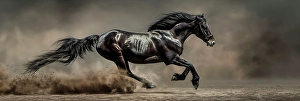 Ai Generated Prints: Panoramic of running black horse on soil. (AI Generated)
