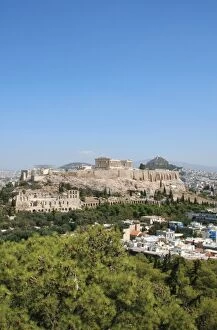 Panoramic view of the Acropolis and LyCabettos Hill from Philapoppos Hill. Central Greece