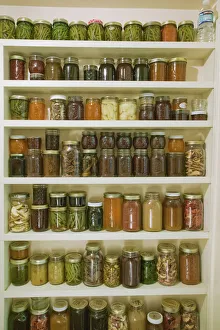 Images Dated 3rd May 2019: Pantry of preserved fruits and vegetables in canning jars. (PR)