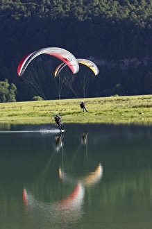 Flyer Prints: Paramotor skimming water, Diamond Lake, Paradise, near Glenorchy, Queenstown Region