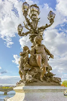 Ile De France Prints: Paris. Decorative street lamp on Pont Alexandre III, along River Seine