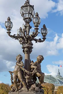 Ile De France Prints: Paris. Decorative street lamps, at Pont Alexandre III, along River Seine