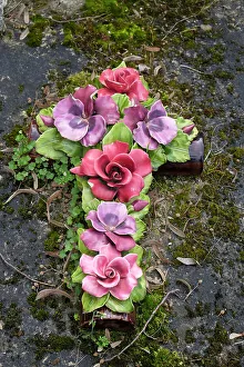 Porcelain Prints: Paris, France. The famous Pere LaChaise Cemetery. Old, beautiful porcelain floral cross
