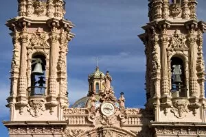 The top of the parish church Santa Prisca at Taxco in the State of Guerrero, Mexico