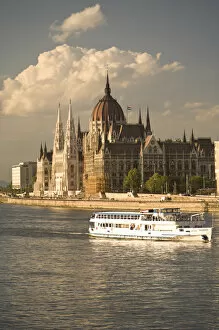 Parliament Buildings along Danube River, viewed from the Chain Bridge, Pest side of Budapest
