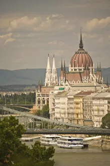 Parliament Buildings viewed from Liberty Bridge, Buda side of Central Budapest, Capital of Hungary