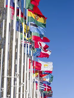 Portugal Prints: Parque das Nacoes, Flags in the area of the 1998 worlds fair area at the banks of river Tagus