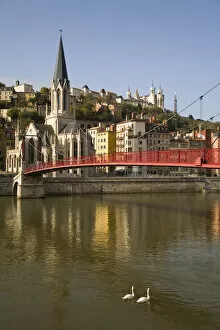 Passerelle St Georges foot bridge across River Saone, St George church, Lyon, France