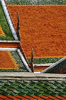 Porcelain Prints: Pattern in ceramic tiles on overlapping rooftops, Wat Pho, Bangkok, Thailand
