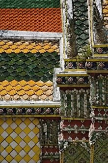 Pattern in colorful tiles adorning building at Wat Phra Kaeo, Bangkok, Thailand