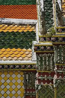 Grand Palace Prints: Pattern in colorful tiles adorning building at Wat Phra Kaeo, Bangkok, Thailand