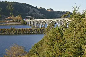 Images Dated 1980: Patterson Memorial Bridge highway 101 over Rogue River on coast at Gold Beach Oregon