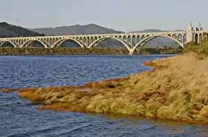 Images Dated 1980: Patterson Memorial Bridge highway 101 over Rogue River on coast at Gold Beach Oregon