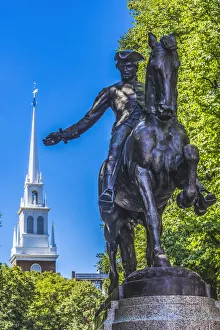 Patriotism Prints: Paul Revere Statue, Old North Church, Freedom Trail, Boston, Massachusetts